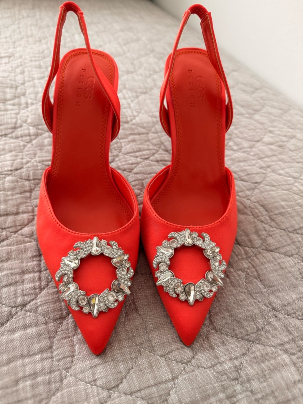 ASOS Embellished Satin ORANGE- RED  Slingback Heels with Crystal details